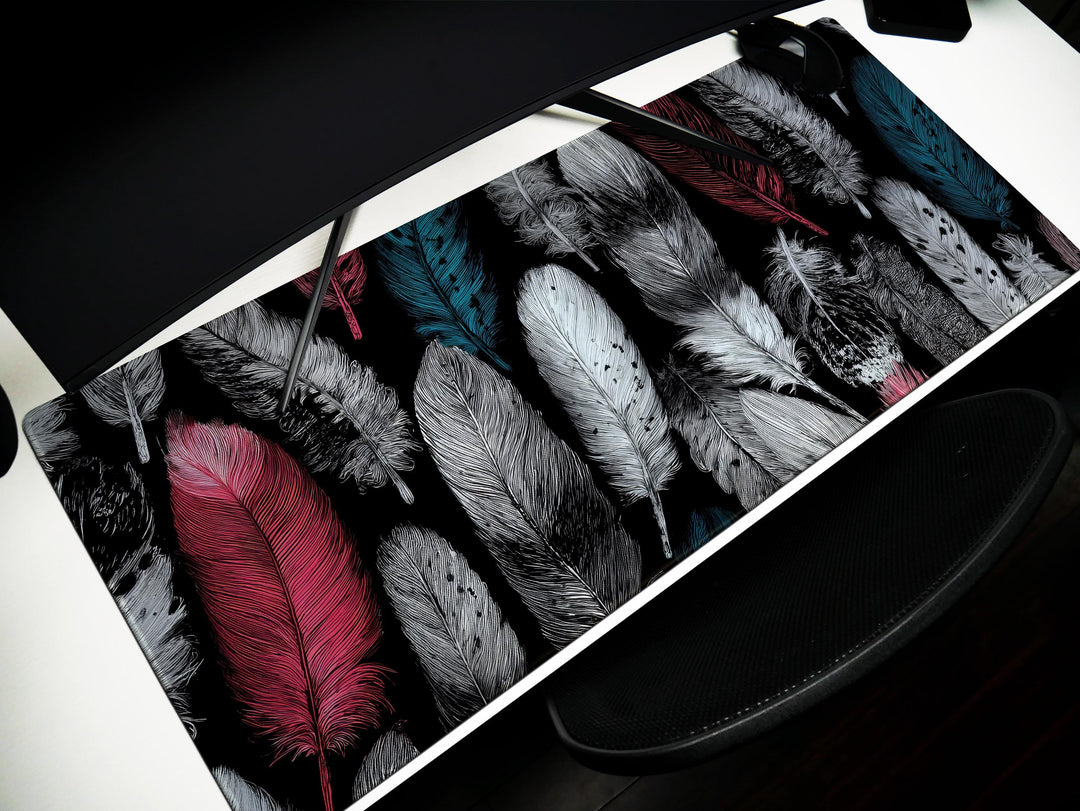 Whispered Plumage, Desk Pad, Mouse Pad, Desk Mat, Intricate Feather Pattern, Vintage Style, Boho Office, Soft Toned Illustration